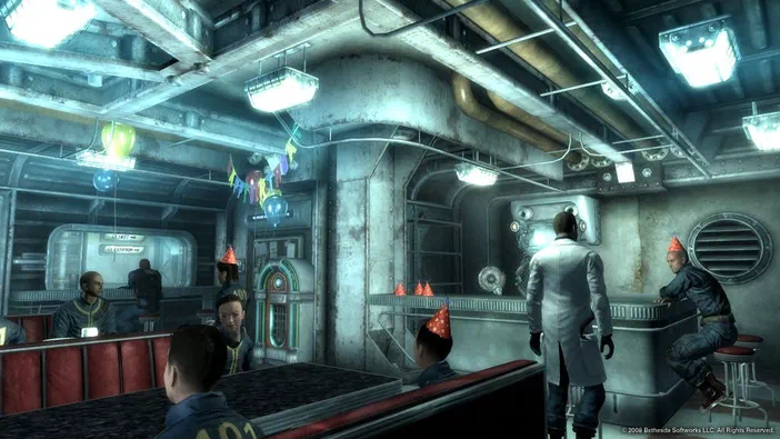 Intérieur d'un bar de Fallout 3 avec des personnages portant des chapeaux pointus et décorations festives.
