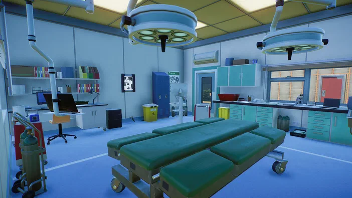 Capture d'écran du jeu Planet Zoo montrant une salle de soins vétérinaire avec des tables d'examen et un équipement médical.