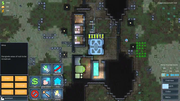 Capture d'écran de l'interface du jeu RimWorld montrant une base coloniale avec des bâtiments et un menu 'Mine'.
