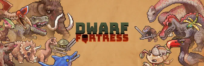 Bannière du jeu vidéo Dwarf Fortress montrant des dinosaures et d'autres créatures en art pixelisé autour du titre.