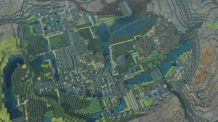 Vue aérienne d'une cité industrielle et forestière dans le jeu vidéo Timberborn.