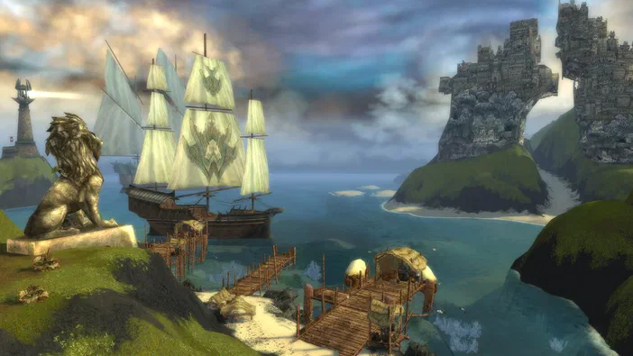 Capture d'écran de Guild Wars Reforged montrant un navire à voiles blanches amarré près d'une statue de lion sur une falaise, avec des ruines flottantes au loin.