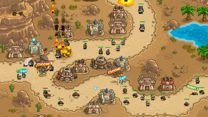 Capture d'écran de Kingdom Rush Frontiers montrant une carte stratégique avec des tours et des unités en combat dans un décor désertique.