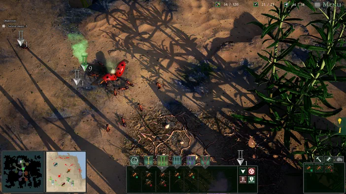 Capture d'écran du jeu vidéo Empires of the Undergrowth montrant une vue de dessus sur un terrain sablonneux avec des insectes et des plantes.