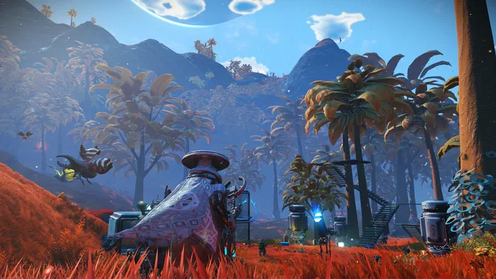 Capture d'écran du jeu vidéo No Man's Sky montrant un paysage alien avec des palmiers et une structure robotique.