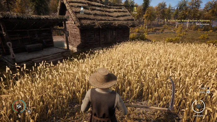 Dans le jeu vidéo Medieval Dynasty, un personnage vu de dos se tient dans un champ d'orge dorée près de deux cabanes en bois et chaume.