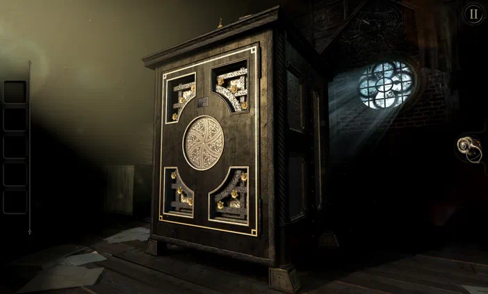 Capture d'écran du jeu vidéo The Room montrant un coffre en bois orné de détails dorés dans une pièce sombre éclairée par des rayons.