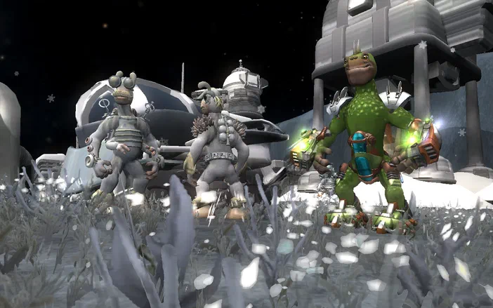 Capture d'écran de Spore: Galactic Adventures montrant trois créatures alien dans un environnement spatial avec des vaisseaux en arrière-plan.