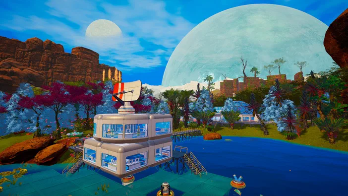 Capture d'écran du jeu vidéo The Planet Crafter montrant une base flottante futuriste au bord de l'eau sous un ciel avec deux lunes.