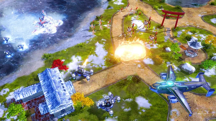 Capture de jeu vidéo Command & Conquer Red Alert 3 Uprising montrant une base japonaise avec des soldats et un avion au sol.