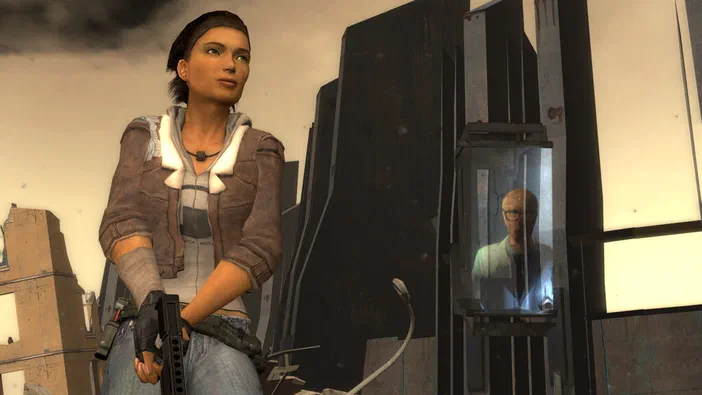 Dans Half-Life 2, une femme armée se tient devant un homme enfermé dans une vitrine.