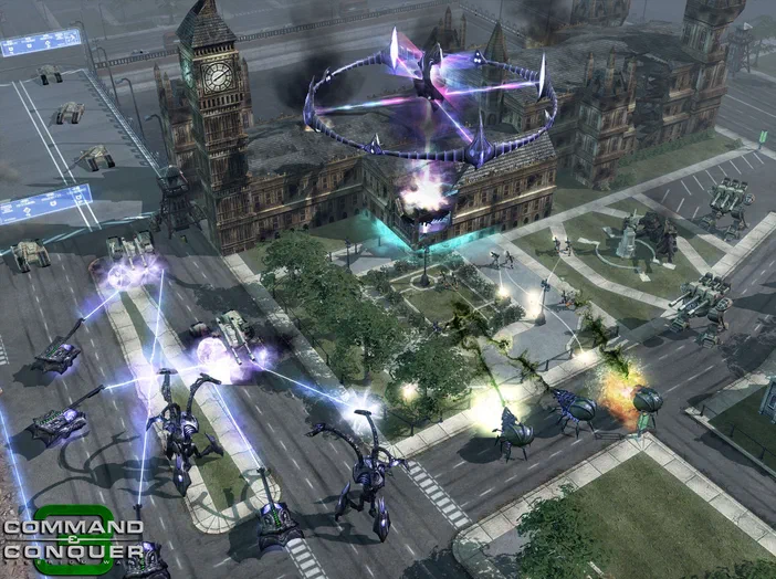 Capture d'écran du jeu vidéo Command & Conquer 3 : Tiberium Wars montrant une bataille urbaine avec des véhicules et structures futuristes.