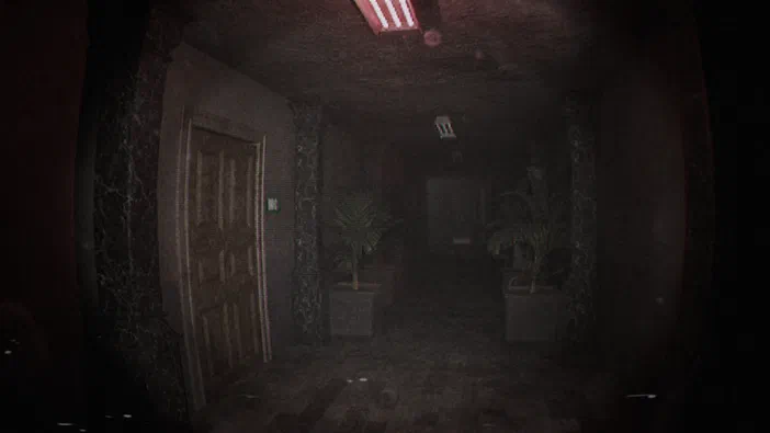 Capture d'écran du jeu vidéo Unknown Tapes montrant un couloir sombre avec une porte en bois à gauche et deux plantes dans des pots au centre.