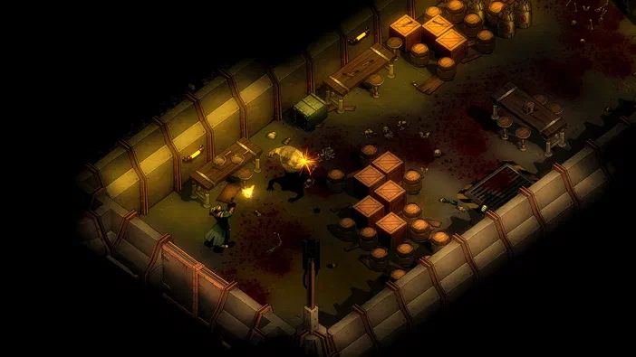 Capture d'écran du jeu vidéo They Are Billions montrant une base assiégée par des zombies dans un environnement sombre et sanglant.
