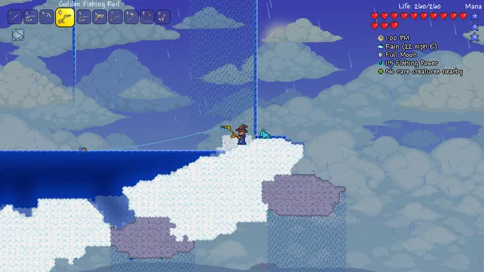 Dans le jeu Terraria, un personnage se tient sur une plateforme de neige au bord d'un lac sous la pluie.