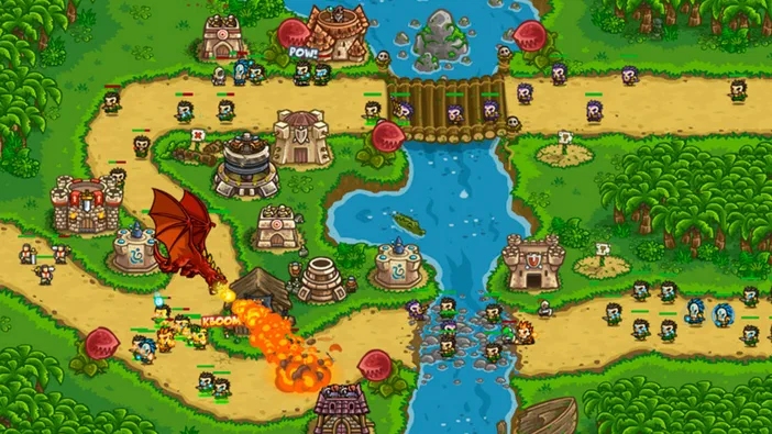 Capture d'écran du jeu Kingdom Rush Frontiers montrant une carte de stratégie avec des tours, un dragon et des unités en combat sur un terrain verdoyant traversé par une rivière.