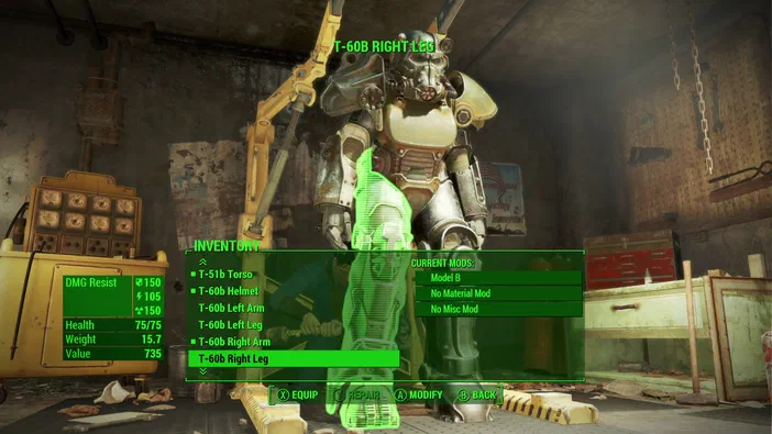 Capture d'écran de Fallout 4 montrant l'interface de réparation du T-60b Right Leg avec un robot en armure et des menus verts.