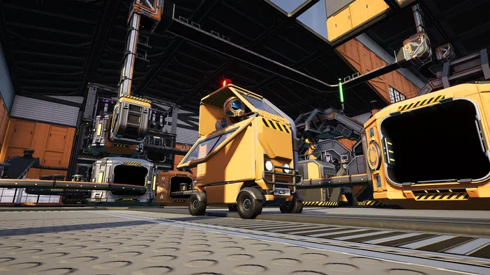 Dans le jeu vidéo Satisfactory, un petit véhicule jaune de type chariot élévateur est au centre d'une usine automatisée.