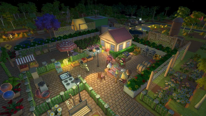 Vue aérienne d'un jardin potager dans le jeu vidéo Dinkum avec des personnages s'occupant de plantes et cuisinant.