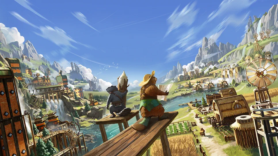 Timberborn Scène de jeu vidéo Timberborn montrant deux personnages sur une plateforme en bois face à un paysage urbain avec des rivières et des montagnes.