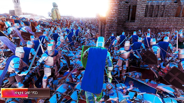 Capture d'écran du jeu Ultimate Epic Battle Simulator montrant une foule de soldats en armure bleue et argentée au milieu d'une bataille intense devant un mur de pierre.