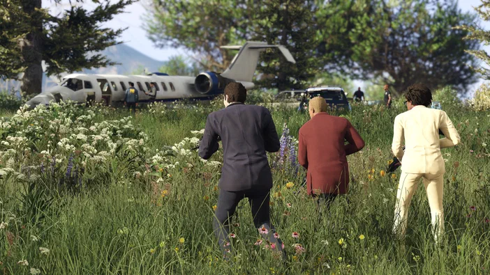 Dans Grand Theft Auto V Legacy, trois personnages vus de dos traversent un champ fleuri pour rejoindre un avion privé en panne.
