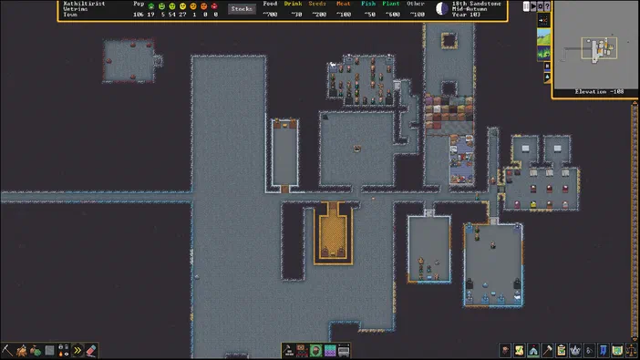 Capture d'écran du jeu de stratégie Dwarf Fortress montrant une base souterraine avec des nains et divers bâtiments.