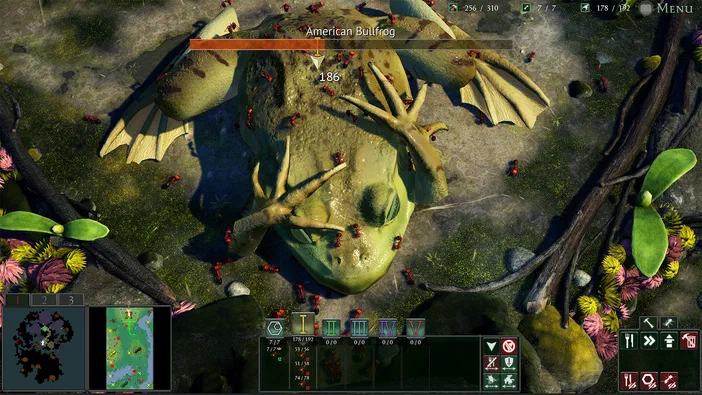 Capture d'écran du jeu vidéo Empires of the Undergrowth montrant une grenouille américaine entourée de fourmis sur un terrain naturel avec des éléments d'interface utilisateur.