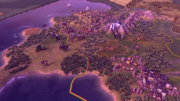 Capture d'écran du jeu Sid Meier's Civilization VI montrant une carte stratégique avec des unités militaires et des villes sur un terrain varié incluant de la mer, des forêts et des montagnes.