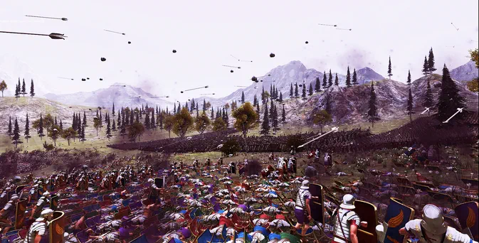 Capture d'écran du jeu Ultimate Epic Battle Simulator montrant une bataille massive avec des centaines de soldats romains et ennemis sur un terrain vallonné, sous la pluie.