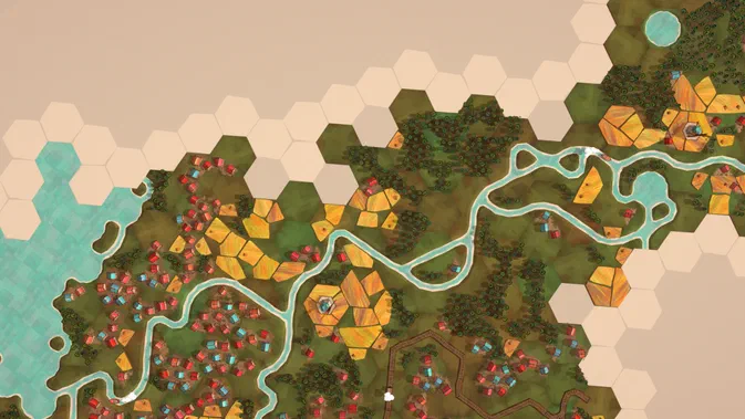Vue de la carte du jeu Dorfromantik avec des hexagones représentant un paysage composé d'eau, de forêts et de champs cultivés.