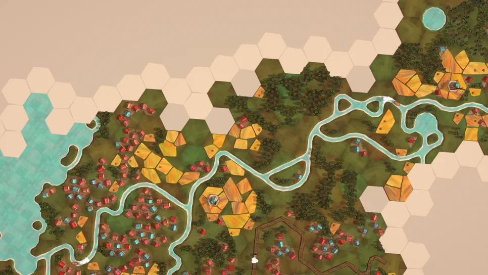 Dorfromantik Vue de la carte du jeu Dorfromantik avec des hexagones représentant un paysage composé d'eau, de forêts et de champs cultivés.