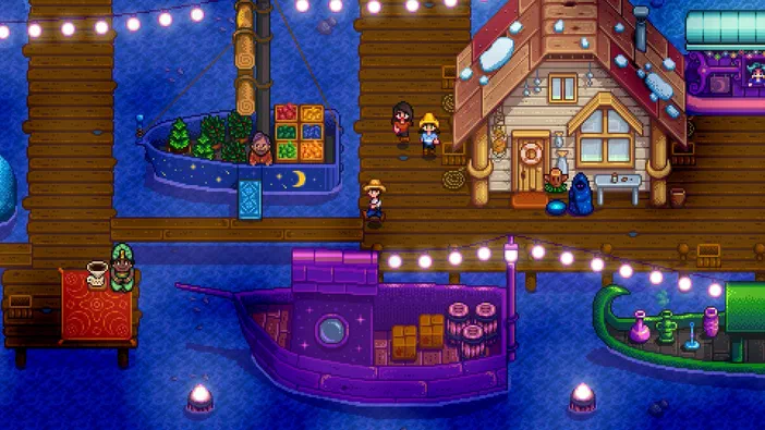 Vue de la gare maritime dans Stardew Valley avec des bateaux et un bâtiment en bois.