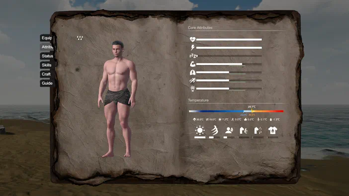 Dans le jeu vidéo Survisland, l'interface de gestion du personnage affiche ses attributs vitaux et son état thermique sur une plage.