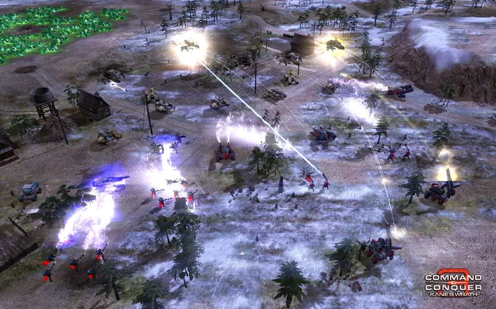 Capture d'écran de Command & Conquer 3: Kane's Wrath montrant une bataille tactique avec des véhicules et troupes en action sur un terrain enneigé.