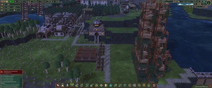Vue du jeu vidéo Timberborn montrant une ruine de métal à exploiter dans un environnement naturel avec des bâtiments et des arbres.
