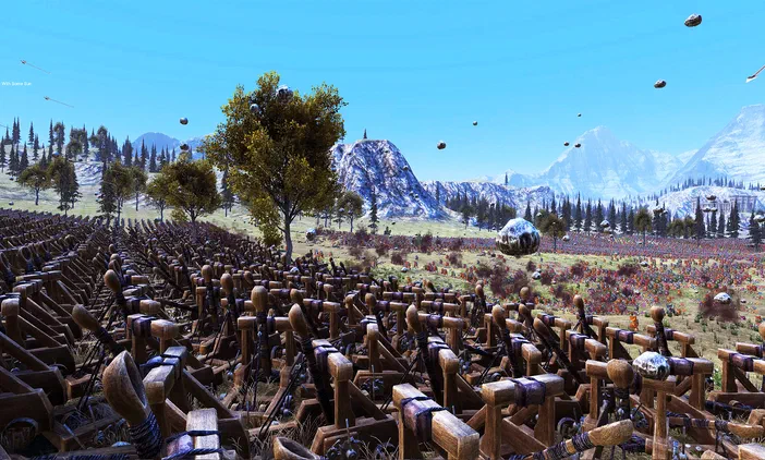 Capture d'écran du jeu Ultimate Epic Battle Simulator montrant un champ de bataille rempli de catapultes et de sphères métalliques flottantes dans un paysage montagneux.