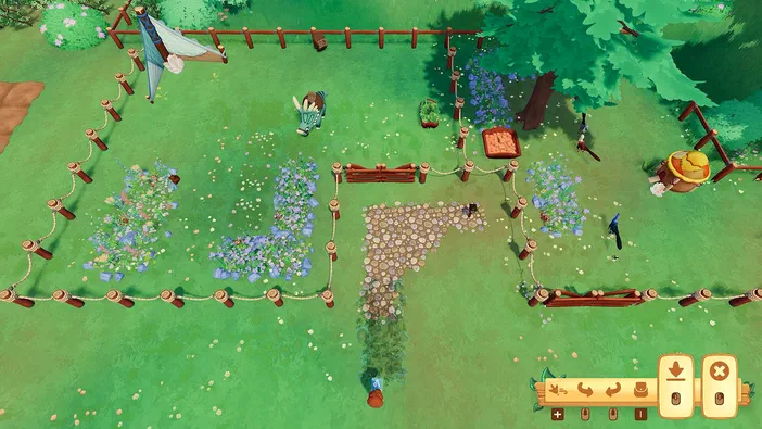 Capture d'écran du jeu vidéo Paleo Pines montrant un personnage dans une zone extérieure avec des fleurs et des clôtures en bois.