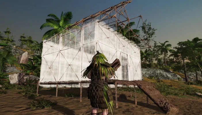 Dans le jeu vidéo Survisland, un personnage vêtu de feuilles se tient devant une structure en bois et toile blanche sur pilotis dans un environnement tropical.