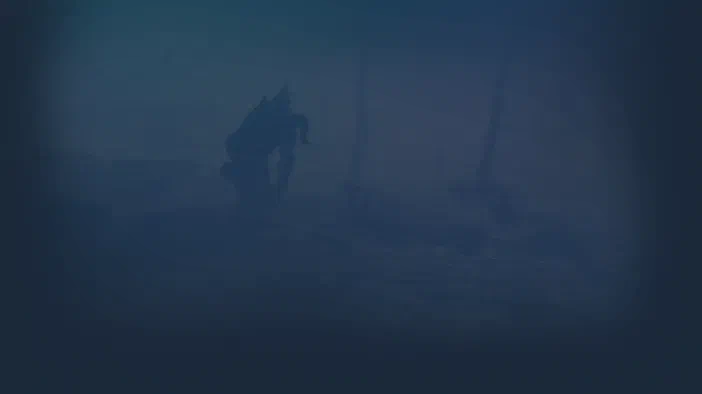 Silhouette d'un personnage dans un environnement brumeux et sombre du jeu Fallout 4.