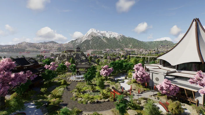 Vue d'un parc de dinosaures avec des bâtiments traditionnels et une montagne enneigée en arrière-plan dans Jurassic World Evolution 3.