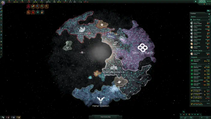 Capture d'écran du jeu de stratégie Stellaris montrant une carte spatiale avec des factions et des systèmes stellaires.