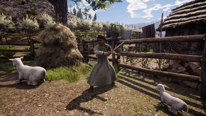 Dans le jeu vidéo Medieval Dynasty, une femme en robe médiévale tient un bâton près d'un enclos de bois où paissent deux moutons blancs et se trouve une meule de foin.