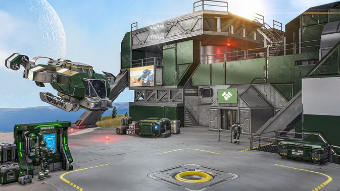 Espace de base futuriste dans le jeu Space Engineers avec un vaisseau vert, des modules et une planète en arrière-plan.