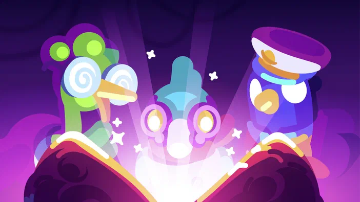 Capture d'écran du jeu vidéo Star Birds montrant trois oiseaux stylisés aux couleurs vives sur un fond violet.