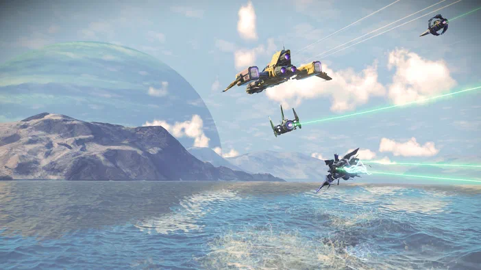 Dans le jeu vidéo No Man's Sky, plusieurs vaisseaux spatiaux s'affrontent au-dessus d'une mer avec une planète en arrière-plan.