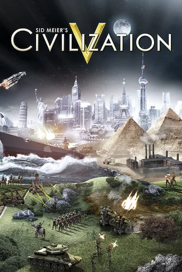 Affiche du jeu Sid Meier's Civilization V montrant des unités militaires et des monuments historiques dans un paysage de combat.