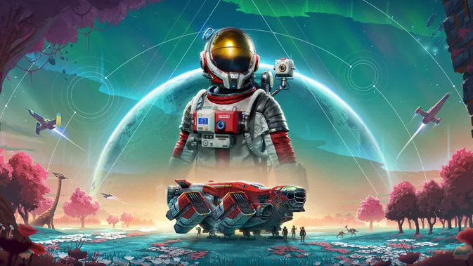 Fond d'écran du jeu vidéo No Man's Sky montrant un astronaute, une base spatiale et des vaisseaux dans un paysage extraterrestre aux couleurs vives.