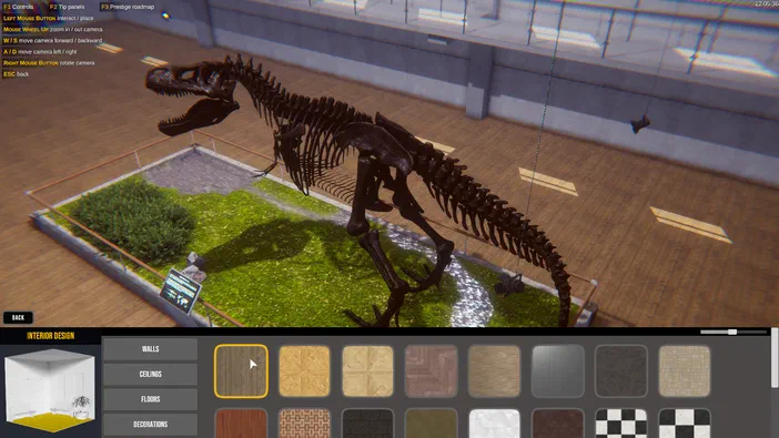 Dans le jeu Dinosaur Fossil Hunter, un squelette de dinosaure est exposé dans une salle avec des options de personnalisation d'intérieur visibles en bas.