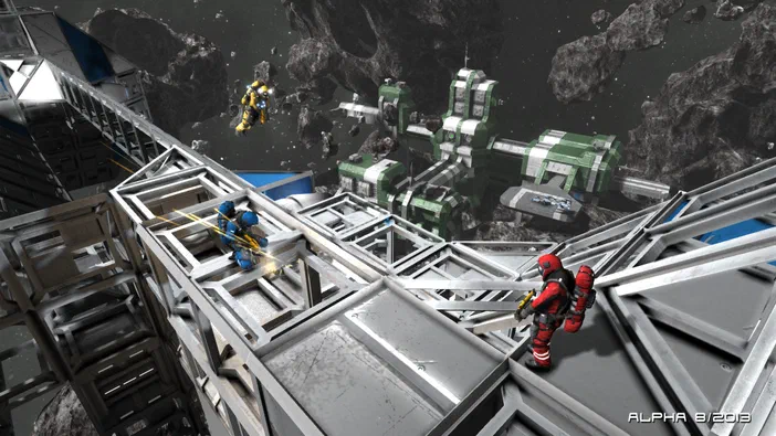 Dans l'espace, des personnages en combinaisons spatiales construisent une structure métallique près d'une station verte et de débris.